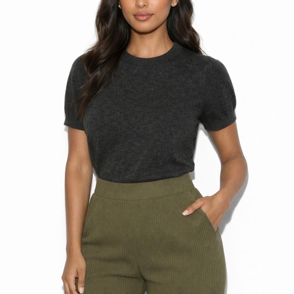 90s Vintage Charcoal Gray Cropped Sweater Womens M Short Sleeve Wool Ribbed Top